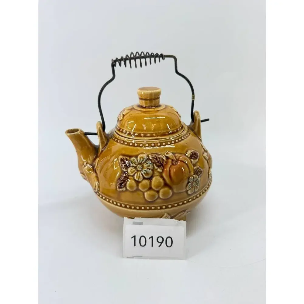 Vintage Brown Ceramic Teapot w Metal Handle Embossed Fruit Floral Rustic Decor
